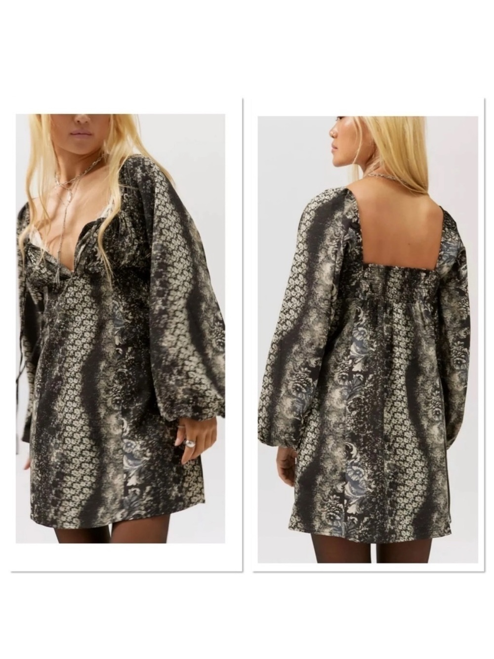 Urban Outfitters Black & Cream Snakeskin Mini Dress with Long Bell Sleeves - Picture 1 of 8
